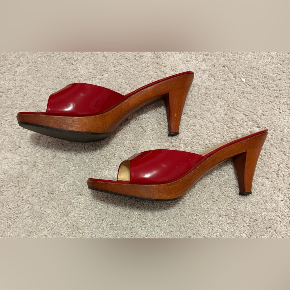 Miu Miu red patent leather and wood heel sandals, size 40.5